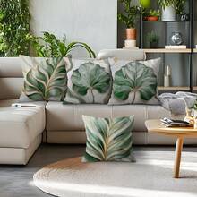 4pcs Palm Leaf Relief Gold Texture Illustration Throw Pillow Cases, Sofa Cushion Cover, Pillow Covers For Living Room, Bedroom Home Decoration(No Pillow Core) - 藍色 - 查看 5