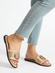 女士圆头平底金属方形水钻装饰一脚蹬凉鞋