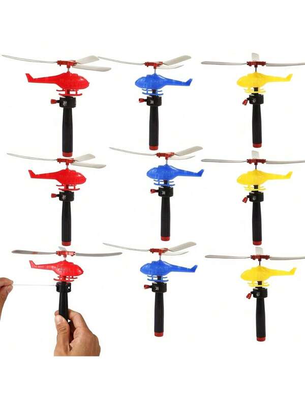 10 Stück zufällige Farben Seilzug-Drehende Hubschrauber Kunststoff Spielzeugflugzeuge, geeignet als Partyfavors, Klassenpreise, Outdoor-Flugspielzeug