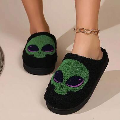 Damen Hausschuhe, neues Halloween Alien Schädel Muster, modisch, warme Plüsch Hausschuhe