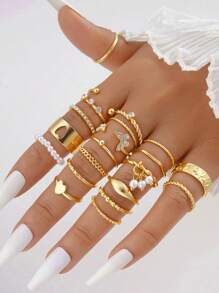 21 pièces/set Bague en métal avec cœur, papillon, étoile, faux-perles, strass, géométrique, ajouré, tressé, croisé, large. Ensemble de bagues à la mode, simples, élégantes, vintage. Cadeau pour les festivals, les vacances, les fêtes, l'usage quotidien