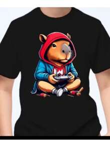 Basic Short T-Shirt Blouse With "Cute" Capybara Print For Boys, Casual And Fashion Style With Control - White - View 2