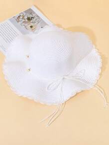 1pc Women's Khaki Wave Beach Sun Hat With Faux Pearl & Bowknot Detail, Elegant Beach Travel Vacation Sun Hat