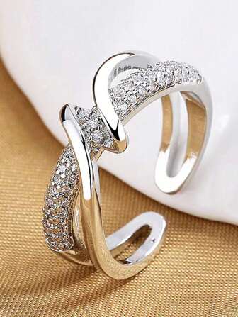 1pc Stainless Steel Fashion Versatile Heart Shaped Ring For Women, Sparkling Zirconia Crystal Adjustable Open Design