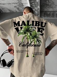 Shwiy Men's Palm Tree Print White Casual Short Sleeve T-Shirt, California Coconut Tree Graphic Tee, Suitable For Daily Wear, Boyfriend Gift - Apricot - View 1