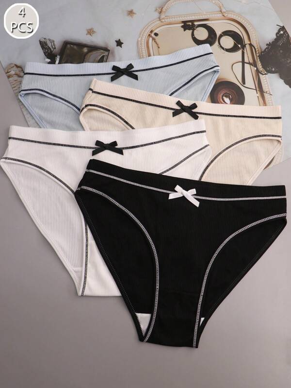 4pcs Women's Multicolor Fashion European And American Style Bow Knit Elastic Waist Hipster Panties