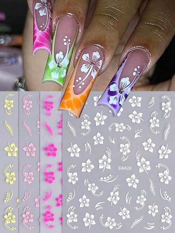 5D Gold Line Hibiscus Flower Nail Sticker Embossed Metallic Asymmetric Square Frame Pink Red Floral Petals Bowknot DIY Spring Summer Elegant Y2K Style Self-Adhesive Gel Polish Decal Sliders Holographic Nail Art Decoration Home Salon Nail Supplies Nails