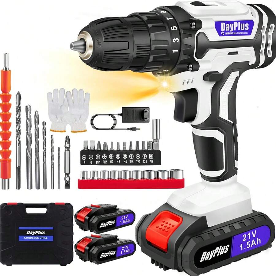 Vandise 21V Cordless Drill Driver & Screwdriver Hammer Drill Kit - 45Nm Max Torque, 2-Speed, 25+1 Torque Settings, 3/8" Chuck, LED Work Light, Includes 2 X 1.5Ah Lithium-Ion Batteries & Charger, Carry Storage Case - Perfect For Home DIY, Construction & Garden Projects - 白色 - 查看 1