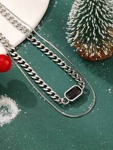 1 件不锈钢简约复古黑色方块吊坠项链，个性化嘻哈独立时尚中性时尚，适合圣诞节、万圣节、派对、日常佩戴 - 銀色 - 查看 3