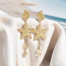 1 Pair Women's Vacation Bohemian Seashell, Conch, Faux Pearl, Starfish Exaggerated Metal Earrings, Fashionable Ocean Life Shaped Pendant Earrings For Everyday Wear, Street, Beach Party, Versatile