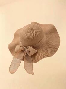 1 Stück Damen Frühling/Sommer Wellenkante Schleife Dekor Schlapphut, ideal für Strand-Outfit im Urlaub