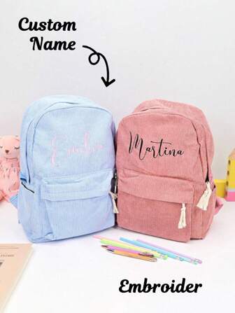 1 Piece, Custom Corduroy Backpack, Student School Bag, Shoulder Bag, Personalised Embroidered Name, College Style, Large Capacity, Lightweight And Durable Design, Travel Bag With Drawstring Zip, Outdoor Sports Backpack, Casual Backpack, Back To School Season Gift, Birthday Gift, Perfect For Girls Boys