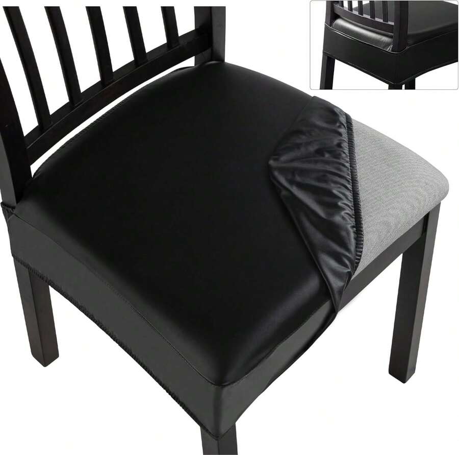 Waterproof PU Dining Chair Seat Covers Set Of 6, Soft Removable Washable Seat Covers For Dining Chairs, Dining Room Seat Cover Protector (Rear-Covered, PU Black) - Black - View 1