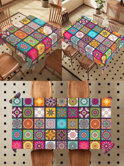 1 pièce - Chemin de table boho vibrant - Couverture de table en polyester imprimée géométrique multicolore esthétique, 140*180 cm, décoration hippie chic pour les fêtes/mariages/tables de café