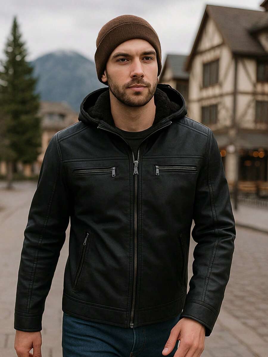 Men's Winter Urban Style Jacket, Jacket With Removable Hood, Faux Leather Jacket, Men's Lined Jacket, Casual Jacket, Zipper Front, Jacket With Pockets, Windproof Jacket, Men's Clothing For Cold Weather, Elegant Men's Jacket, Jacket With Modern Finish, Versatile Jacket For Everyday Life, Men's Mid-Season Jacket, Winter Travel Jacket, Jacket With High Collar, Casual Men's Jacket With A Soft Touch, Comfortable Jacket For Outings, Practical Jacket With Zipper Closure, Motorcycle Jacket, Jacket With A Fitted Fit, Modern Jacket For Urban Looks, Warm Jacket With Functional Pockets, Men's Jacket For Everyday Use, Jacket With Hood And Zipper, Jacket With Contemporary Design, Jacket For Combinations With Jeans Or Black Pants, Jacket For Cold Days, Modern Men's Jacket, Jacket With Classic Style, Resistant And Durable Jacket - 黑色 - 查看 1