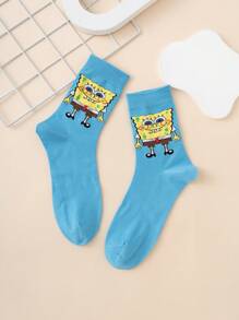 SPONGEBOB 1 Pair Unisex Cartoon Spongebob Pattern Colorful Jacquard Mid-Calf Socks, Sports Style, Suitable For All Seasons, European & American Size, Comfortable Breathable Durable, Ideal For Everyday Wear, Premium Fabric, Non-Sweaty