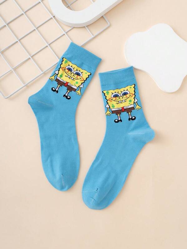 SPONGEBOB 1 Pair Unisex Cartoon Spongebob Pattern Colorful Jacquard Mid-Calf Socks, Sports Style, Suitable For All Seasons, European & American Size, Comfortable Breathable Durable, Ideal For Everyday Wear, Premium Fabric, Non-Sweaty