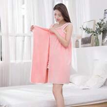 1pc Coral Fleece Robe, Soft Loose Homewear, Towel Wrap Dress, Women Sleeveless Towel Dress, Adult Wearable Bathrobes For Beach, Spa, Sauna, Absorbent Quick Dry Bath Towel, Bathing Supplies Back To School