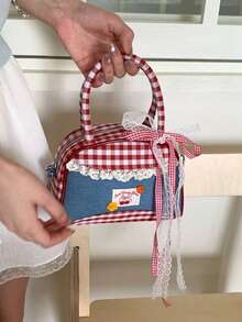 女士休闲格子牛仔手提包，时尚百搭通勤托特包，卡通甜美单肩包，格纹迷你方形钱包 - 彩色 - 查看 3