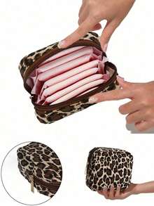 Leopard Print Zipper Sanitary Pad Organizer Bag, Large Capacity Portable Pouch To Hold Sanitary Pads, Tampons, Creative Cute Cartoon Coin Purse Also Suitable For Lipstick, Makeup Brushes, Skincare, Phone, Coins, Small Items, Multipurpose For Home, Gift, Travel, Holiday (Halloween, Christmas), Bohemian Style - Multicolor - View 2