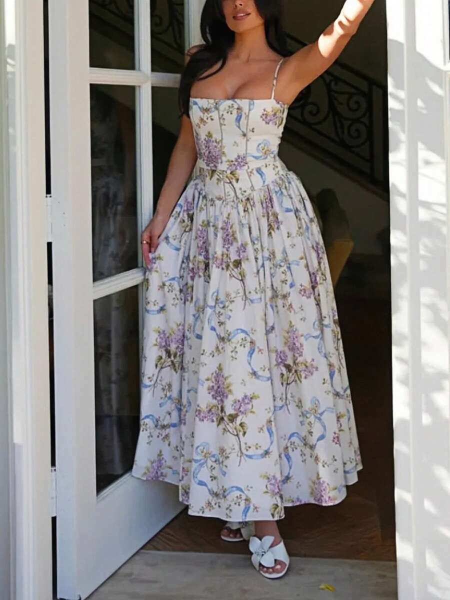 Women's Summer Corset Ruched Waist Party Dresses Long Cami Dress Y2K Sleeveless Floral Backless Dress Spaghetti Strap Bustier Maxi Dress Going Out Swing Sundress - Màu tím - Xem 1