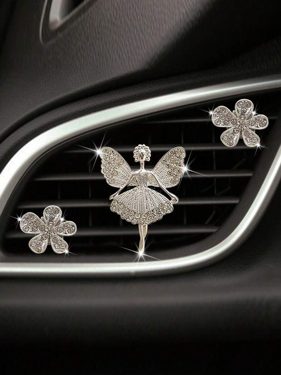 3pcs/6pcs Rhinestone Ballet Girl 5-Petal Flower Shaped Air Vent Clip, Car Decoration & Fragrance Holder - Multicolor - View 1