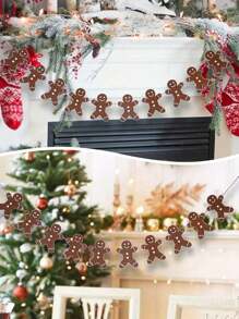 1 pieza Bandera decorativa con diseño de hombre de jengibre navideño, corona, decoración de árbol de Navidad, decoración de escena de fiesta, chimenea, ventana, pared, Año Nuevo, habitación, decoración del hogar, decoración de jardín al aire libre, decoración de ambiente festivo