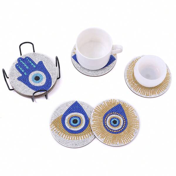 8pcs/Set Diamond Art Coasters For Drinks - Size 10cm*10cm/3.94in*3.94in Anti-Slip Wood Cup Mats Eye Patterns With Crystal Rhinestones For Home, Kitchen, Office Desk, Special Shaped Diamond Painting Coasters With Holder For Table Protection And Home Decor