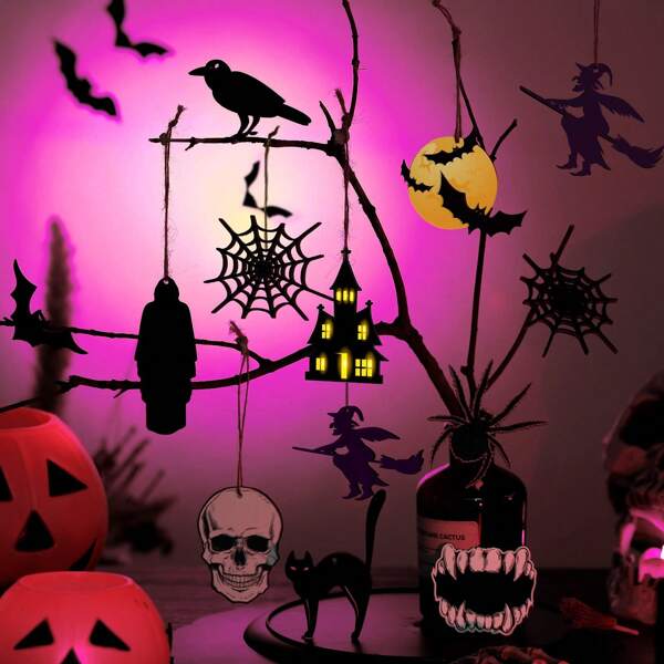 30 Pcs Halloween Wooden Hanging Ornaments Halloween Tree Decorations Colorful Gothic Wood Cutouts With Ropes Hanging Signs Pendant For Home Tree Party Indoor Decorations