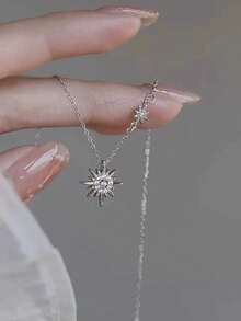 1 件简约奢华太阳、月亮、星星和花卉方晶锆石吊坠项链，适合夏季度假、订婚、周年纪念礼物 - 銀色 - 查看 3