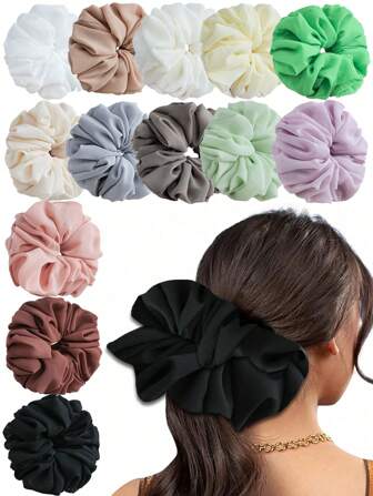 一套包含紫色、浅绿色、米黄色、棕红色、米色、粉色、大地色、灰色、棕色、白色和黑色的超大纯色雪纺发圈，适合女性日常佩戴，可搭配头巾，也可作为发绳、发饰或发圈使用。