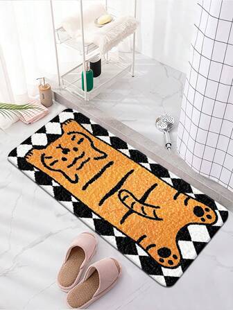 1件装涤纶仿羊羔毛门垫，休闲风格，印有慵懒的橙色猫咪躺在黑白格子地板上的图案，防滑垫，适用于户外、客厅、卧室、厨房、洗衣房等场所。