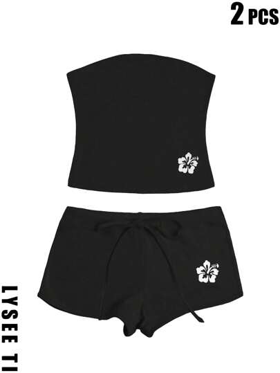 2 件套女士 Y2K 露背背心和花卉印花短裤套装，夏季性感两件套服装，海滩风格