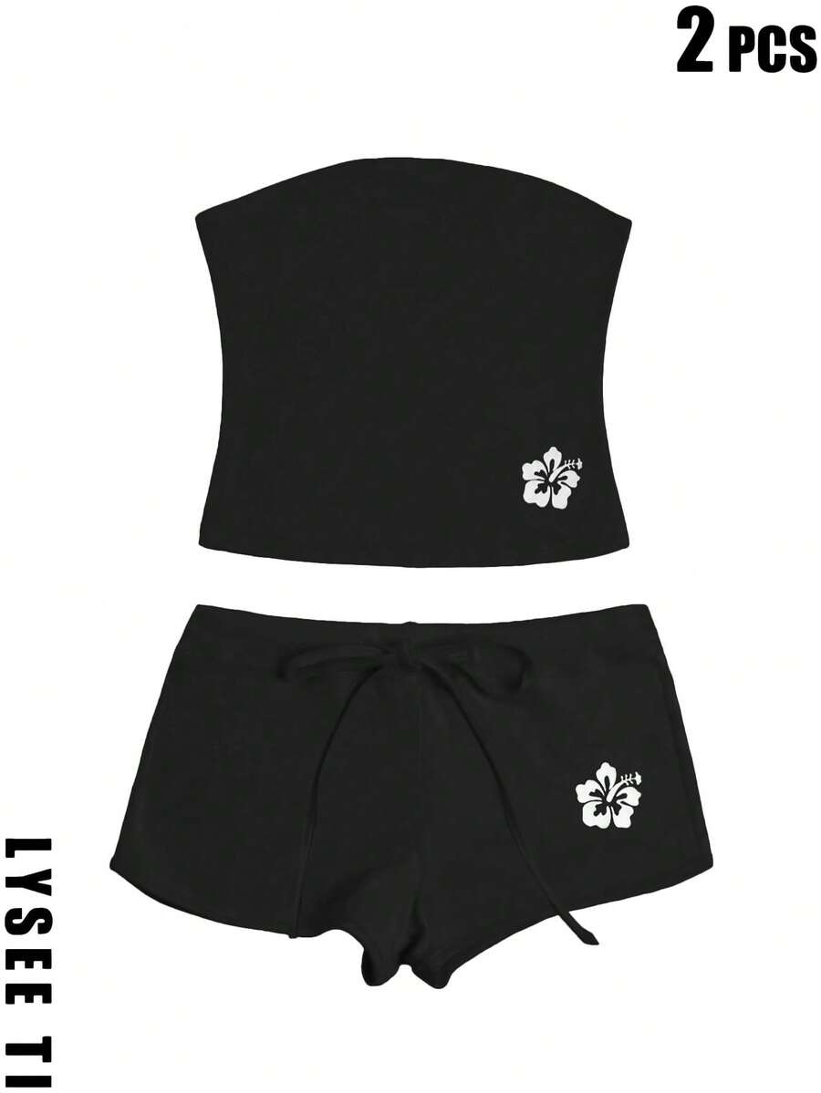 两件套女士Y2K露背吊带背心和印花短裤套装，夏季性感两件套，沙滩风黑色 - 黑色 - 查看 1