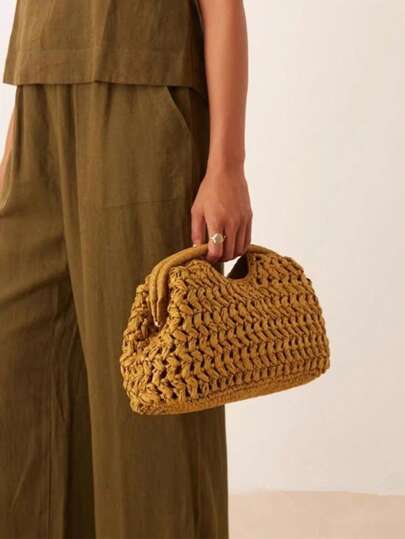 Natural Fiber Clutch Bag Brown Raffia Handmade Knitted Summer Beach Handbag 2025 New For Women