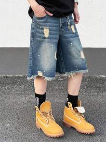 Men's Jeans Fashionable Vintage Washed Loose Fit Ripped Frayed Denim Shorts, Bermuda Shorts - Blue - View 1