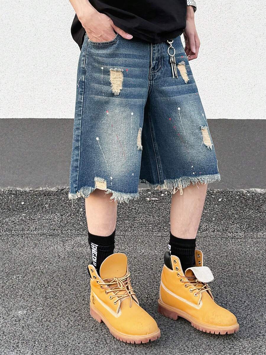 Men's Jeans Fashionable Vintage Washed Loose Fit Ripped Frayed Denim Shorts, Bermuda Shorts - Blue - View 1