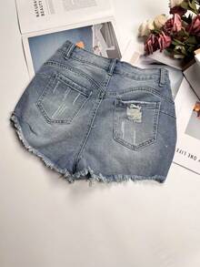 Street Style Washed Denim Ripped Shorts - Blue - View 7