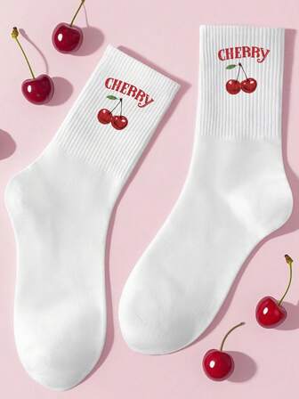 1 Pair Textured Cherry Print Crew Socks, Soft & Comfortable, Machine Washable, Suitable For Women's Daily Wear