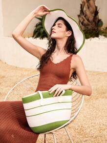 Tropiscape 草帽+草编包套装,女士彩色条纹草帽和手提包,适合夏季波西米亚风海滩度假,1顶时尚宽檐防晒帽,可折叠设计,1个带手机和储物隔层的手提包,适合户外休闲旅行和日常搭配,秋季圣诞节冬季圣诞礼物