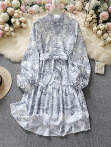 1 chiếc váy dài tay buộc eo in họa tiết ngẫu nhiên thời trang & thanh lịch - Xám - Xem 3