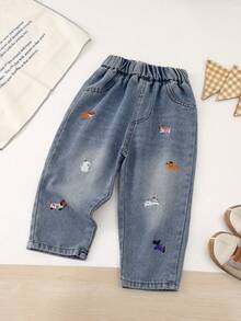 Boys' Loose Casual Animal Embroidered Denim Jeans, Suitable For All Seasons - Light Wash - View 1
