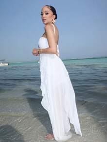 Melissa Matos 女式纯色梭织不对称下摆荷叶边连衣裙