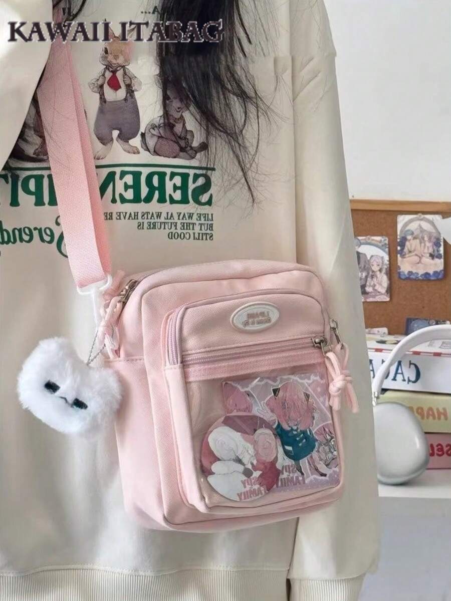 适合10厘米娃娃的小包可爱日式纯色斜挎包带透明口袋DIY迷你单肩包钱包和手提包动漫迷娃娃包女孩返校礼物 - 粉色 - 查看 1