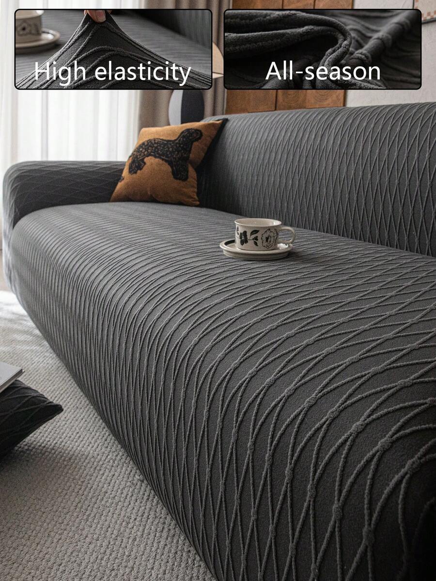 1 件纯色法兰绒提花弹力全罩沙发套，适合 1/2/3/4 座，适合室内/室外露台派对假期，宠物友好，防脏防刮，可机洗，含防滑条 - 深灰色 - 查看 1