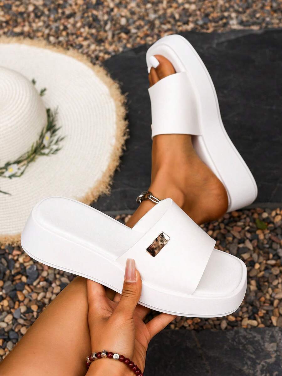 Women White Platform Slide Sandals With Metal Decor Plate,Height‑Boosting Wedge Sole, Open‑Toe Slip‑On Slides,Casual Shoes For Beach Vacation Outdoor - White Buttons - View 1