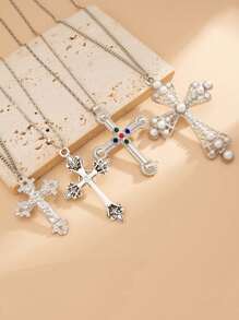4pcs Set Summer Women's Fashion Exaggerated Multi-Layer Pearl Necklace, Personalized Hiphop Cross Pendant Necklace, Suitable For Daily Wear, Party, Holiday Gift