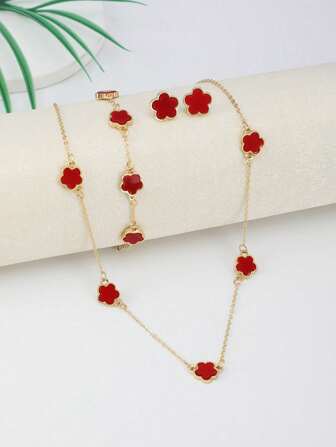 4 件套三叶草和五瓣花项链、手链、耳环套装、百搭幸运颈链、耳环，无礼盒