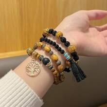 4pcs/Set Boho Style Multi-Layer Wooden Beaded Bracelet With Life Tree Tassel Pendant, Suitable For Daily Wear