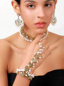 1 pieza Collar de turquesa azul de moda, 1 pieza Anillo de dedo completo con estilo palaciego de moda, 1 pieza de Pendientes con estilo, adecuado para fiesta, accesorios de vestimenta, regalos